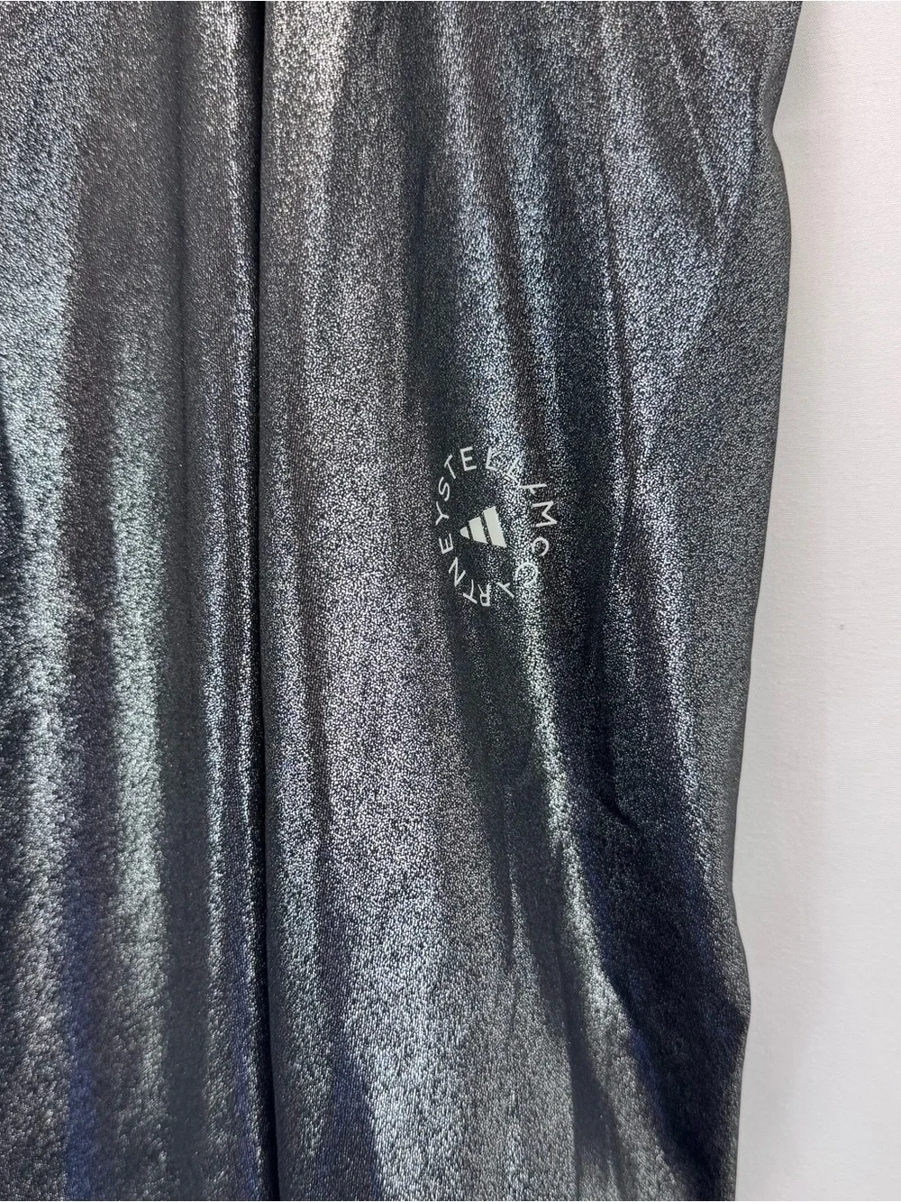 Stella McCarthy adidas Shiny High-Waist Leggings in Metallic Silver Workout XXS
